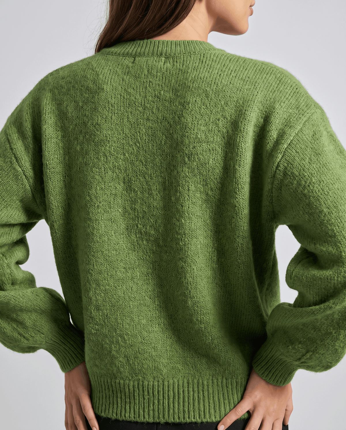 Pearl Button Cardigan Sweater – Crew Neck, Balloon Sleeve & Fuzzy Knit | Oriane