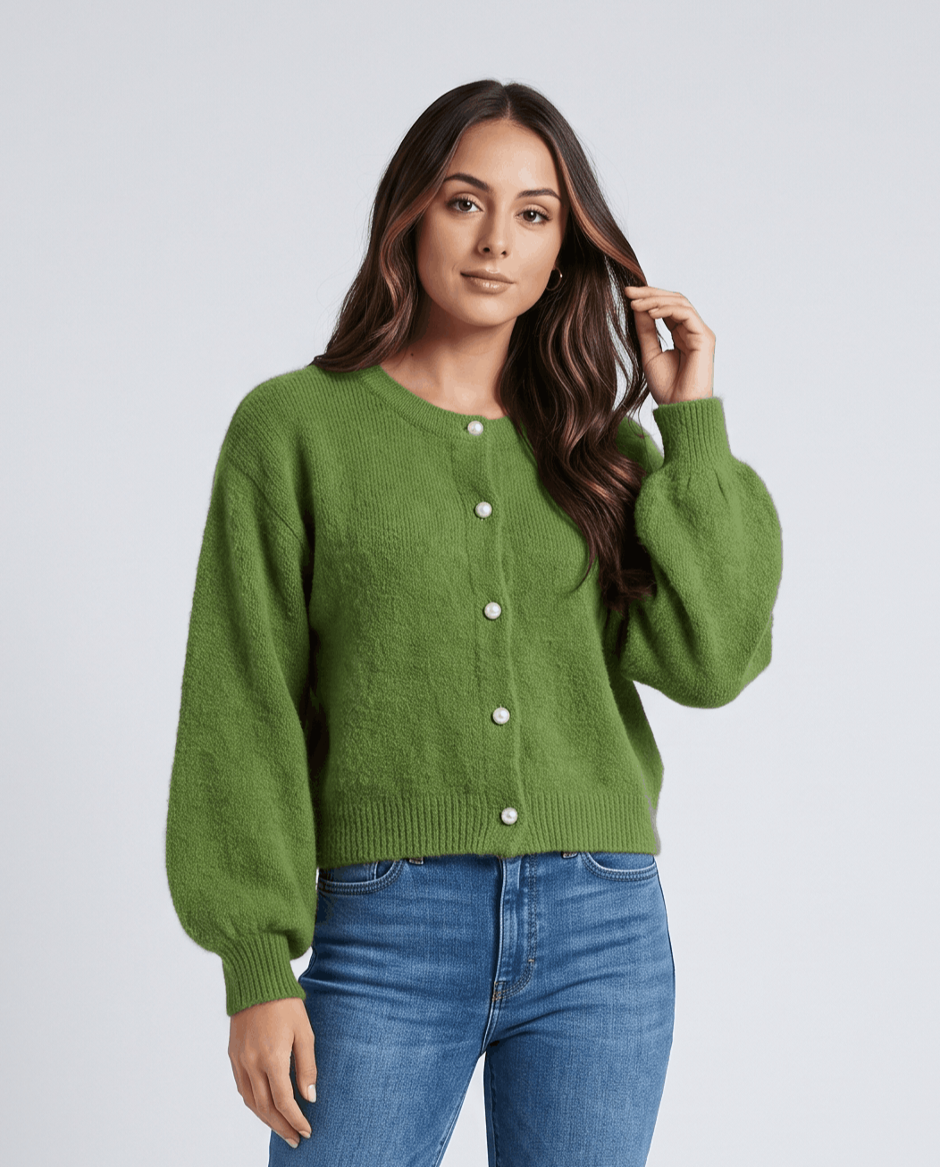 Pearl Button Cardigan Sweater – Crew Neck, Balloon Sleeve & Fuzzy Knit | Oriane