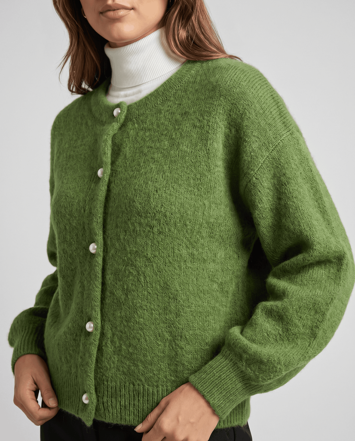 Pearl Button Cardigan Sweater – Crew Neck, Balloon Sleeve & Fuzzy Knit | Oriane