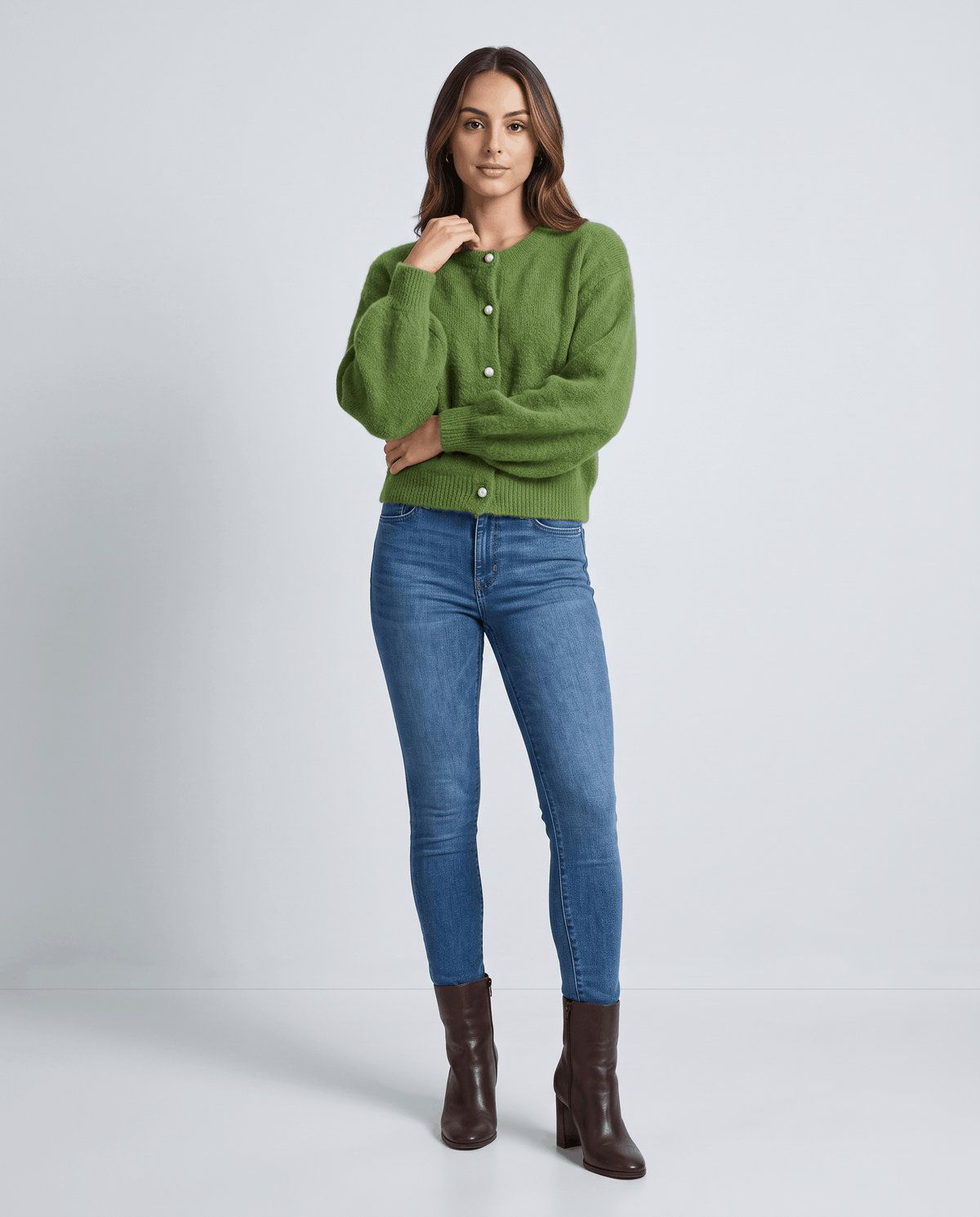 Pearl Button Cardigan Sweater – Crew Neck, Balloon Sleeve & Fuzzy Knit | Oriane