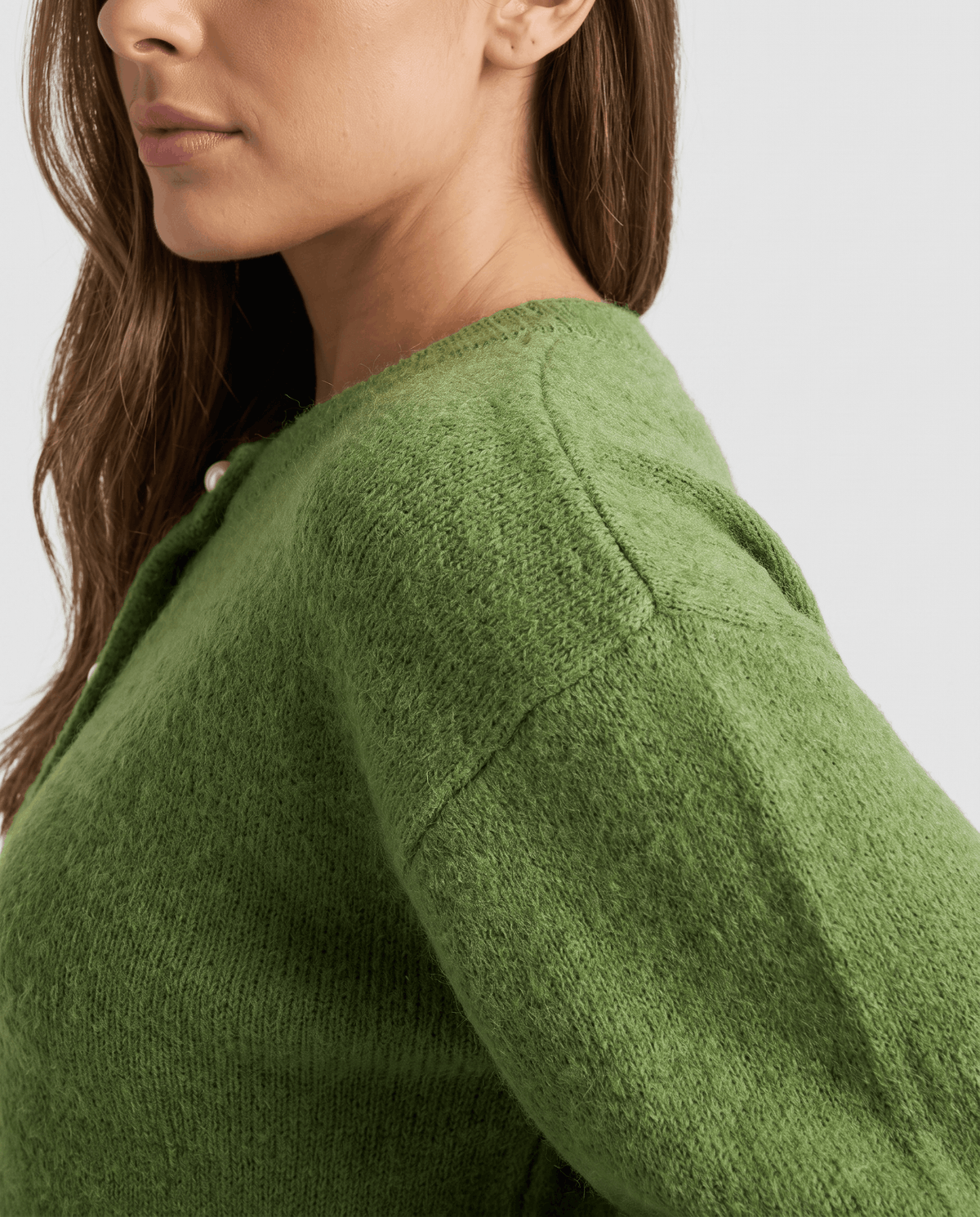 Pearl Button Cardigan Sweater – Crew Neck, Balloon Sleeve & Fuzzy Knit | Oriane