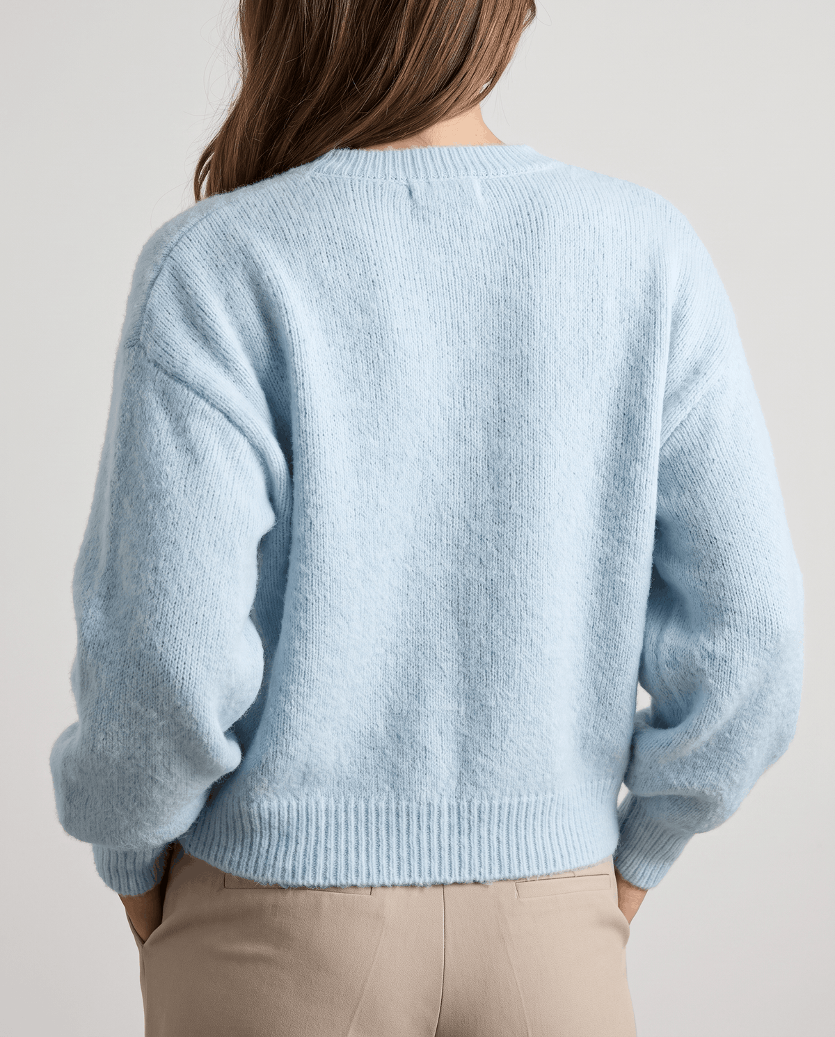 Pearl Button Cardigan Sweater – Crew Neck, Balloon Sleeve & Fuzzy Knit | Oriane