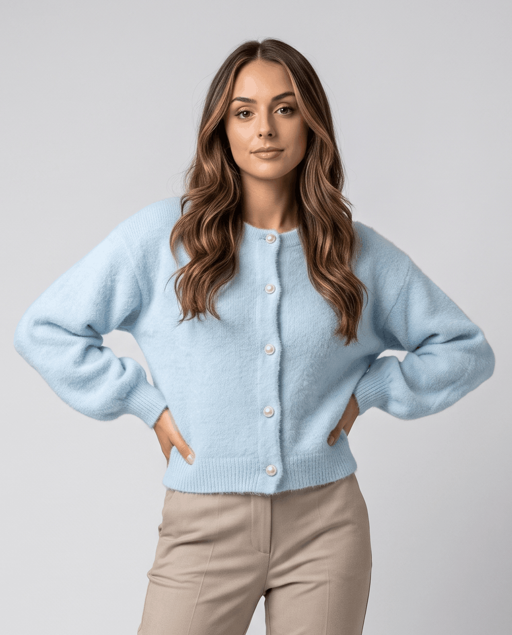 Pearl Button Cardigan Sweater – Crew Neck, Balloon Sleeve & Fuzzy Knit | Oriane