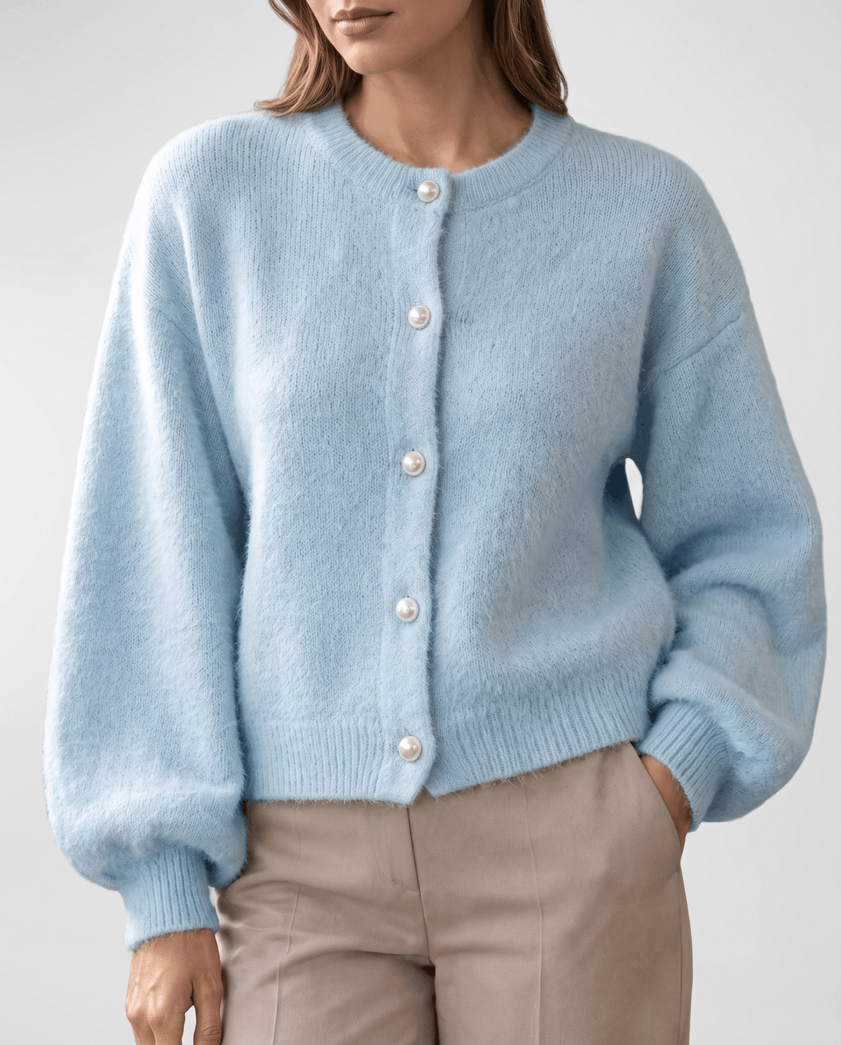 Pearl Button Cardigan Sweater – Crew Neck, Balloon Sleeve & Fuzzy Knit | Oriane