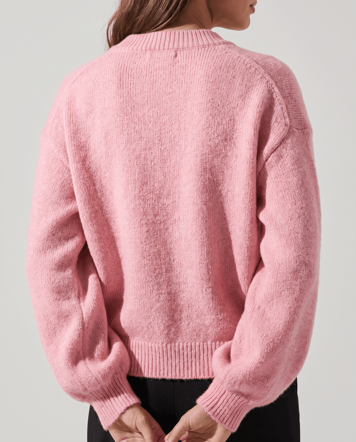 Pearl Button Cardigan Sweater – Crew Neck, Balloon Sleeve & Fuzzy Knit | Oriane