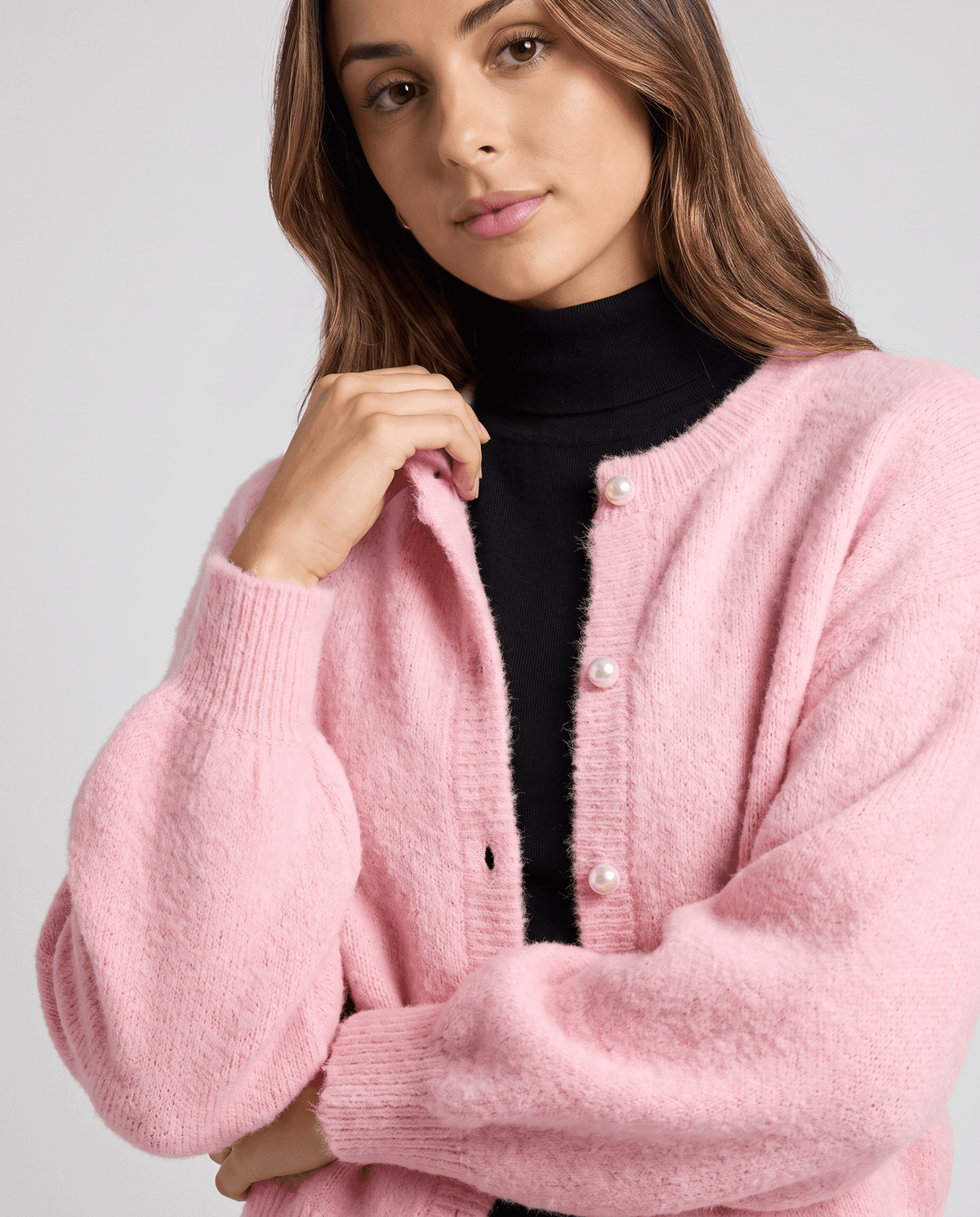 Pearl Button Cardigan Sweater – Crew Neck, Balloon Sleeve & Fuzzy Knit | Oriane