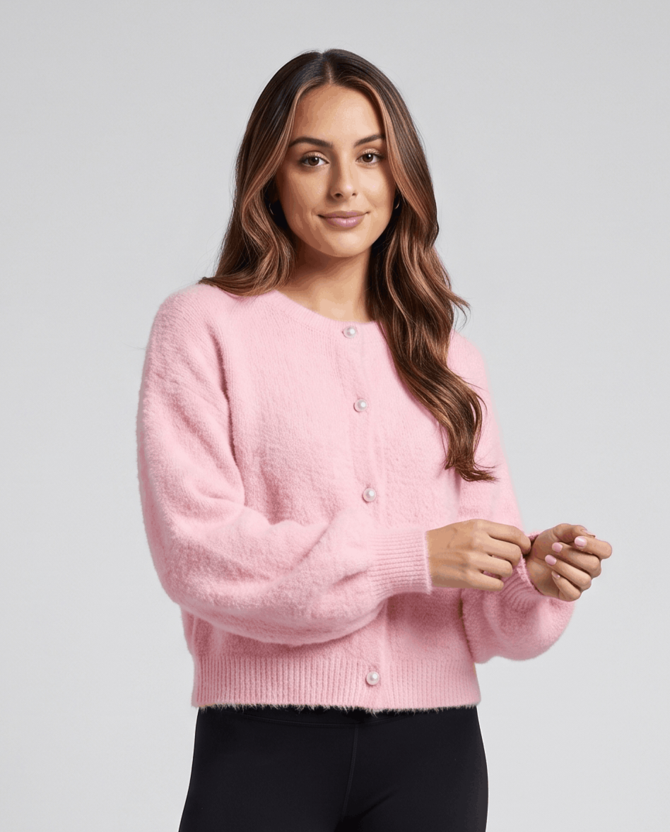 Pearl Button Cardigan Sweater – Crew Neck, Balloon Sleeve & Fuzzy Knit | Oriane