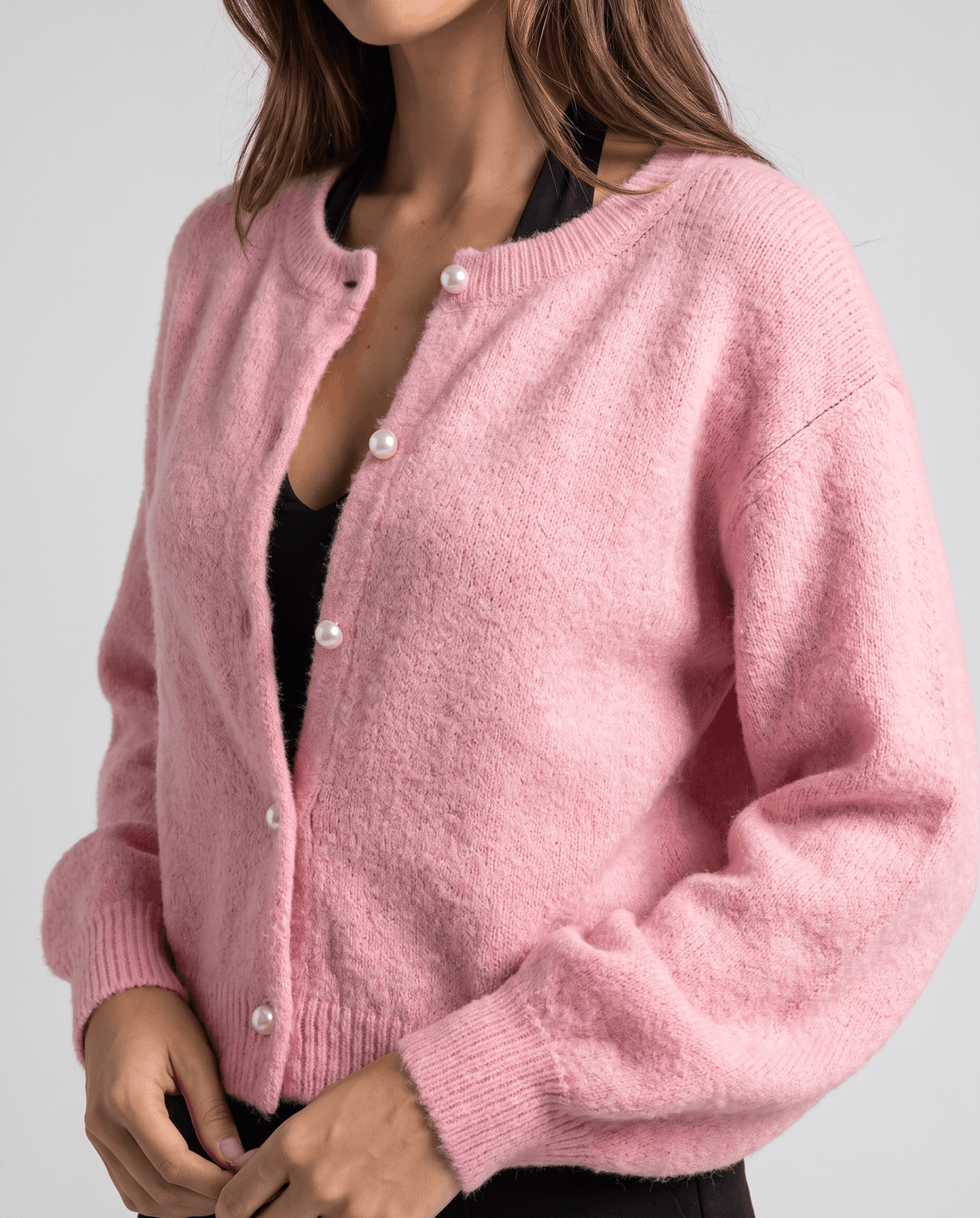 Pearl Button Cardigan Sweater – Crew Neck, Balloon Sleeve & Fuzzy Knit | Oriane