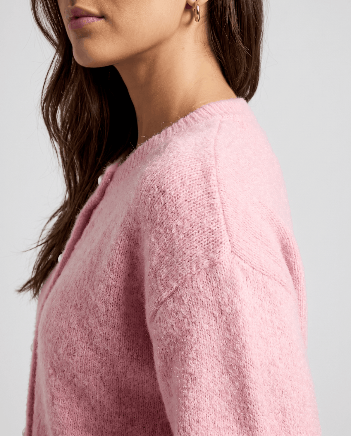 Pearl Button Cardigan Sweater – Crew Neck, Balloon Sleeve & Fuzzy Knit | Oriane
