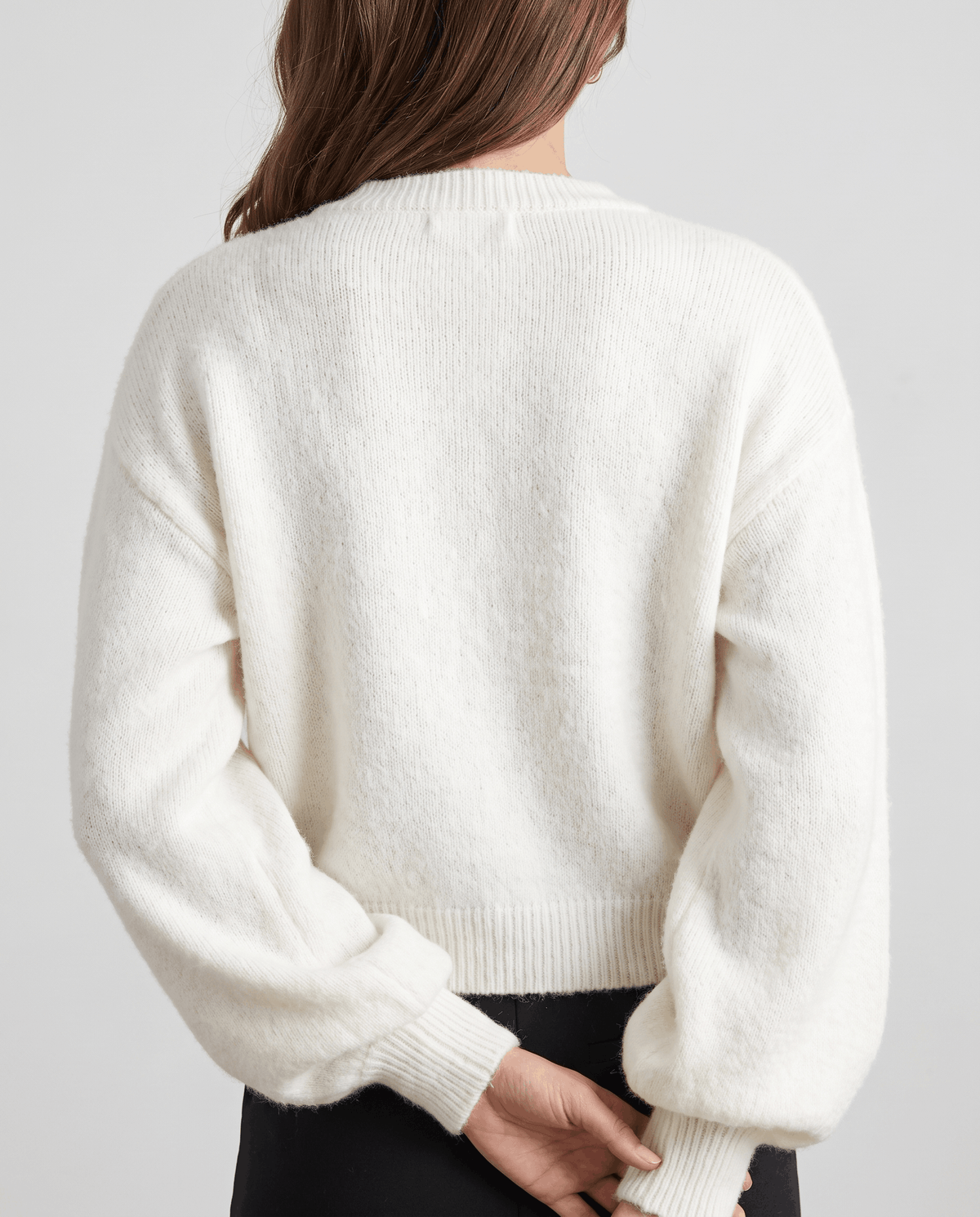 Pearl Button Cardigan Sweater – Crew Neck, Balloon Sleeve & Fuzzy Knit | Oriane