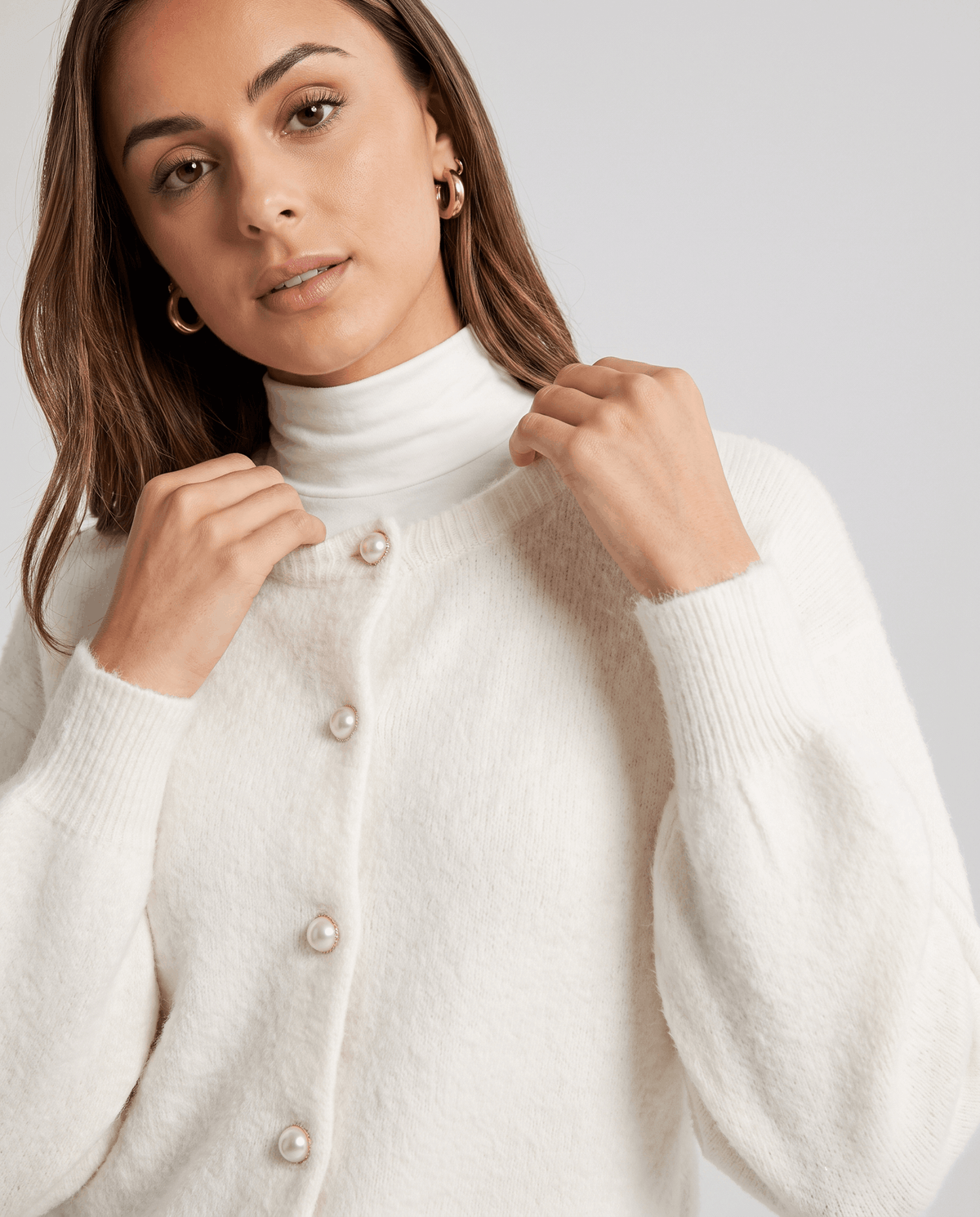 Pearl Button Cardigan Sweater – Crew Neck, Balloon Sleeve & Fuzzy Knit | Oriane
