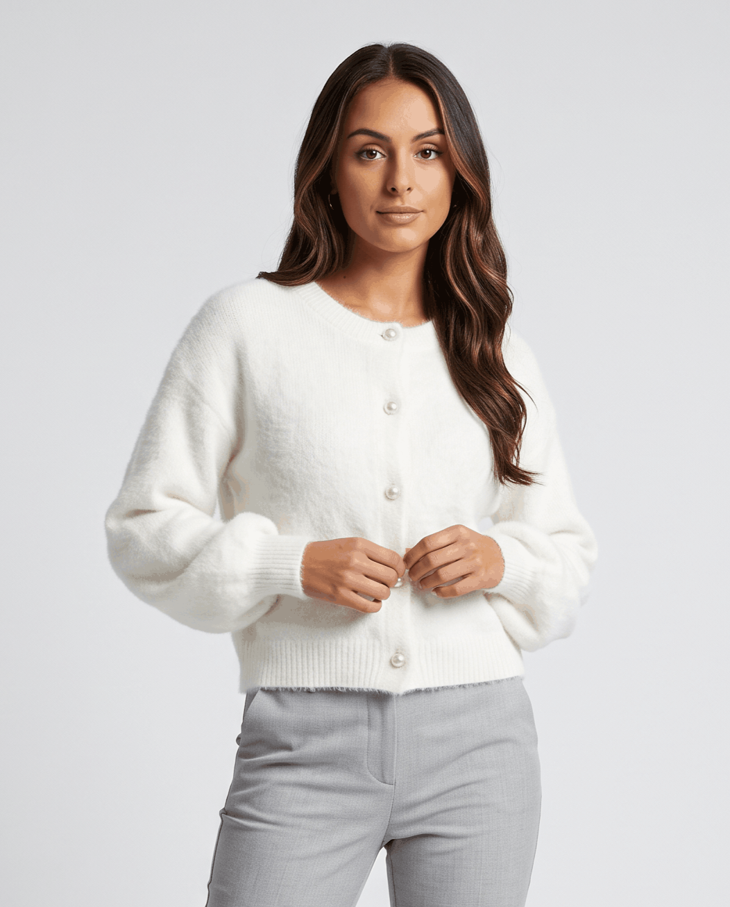 Pearl Button Cardigan Sweater – Crew Neck, Balloon Sleeve & Fuzzy Knit | Oriane