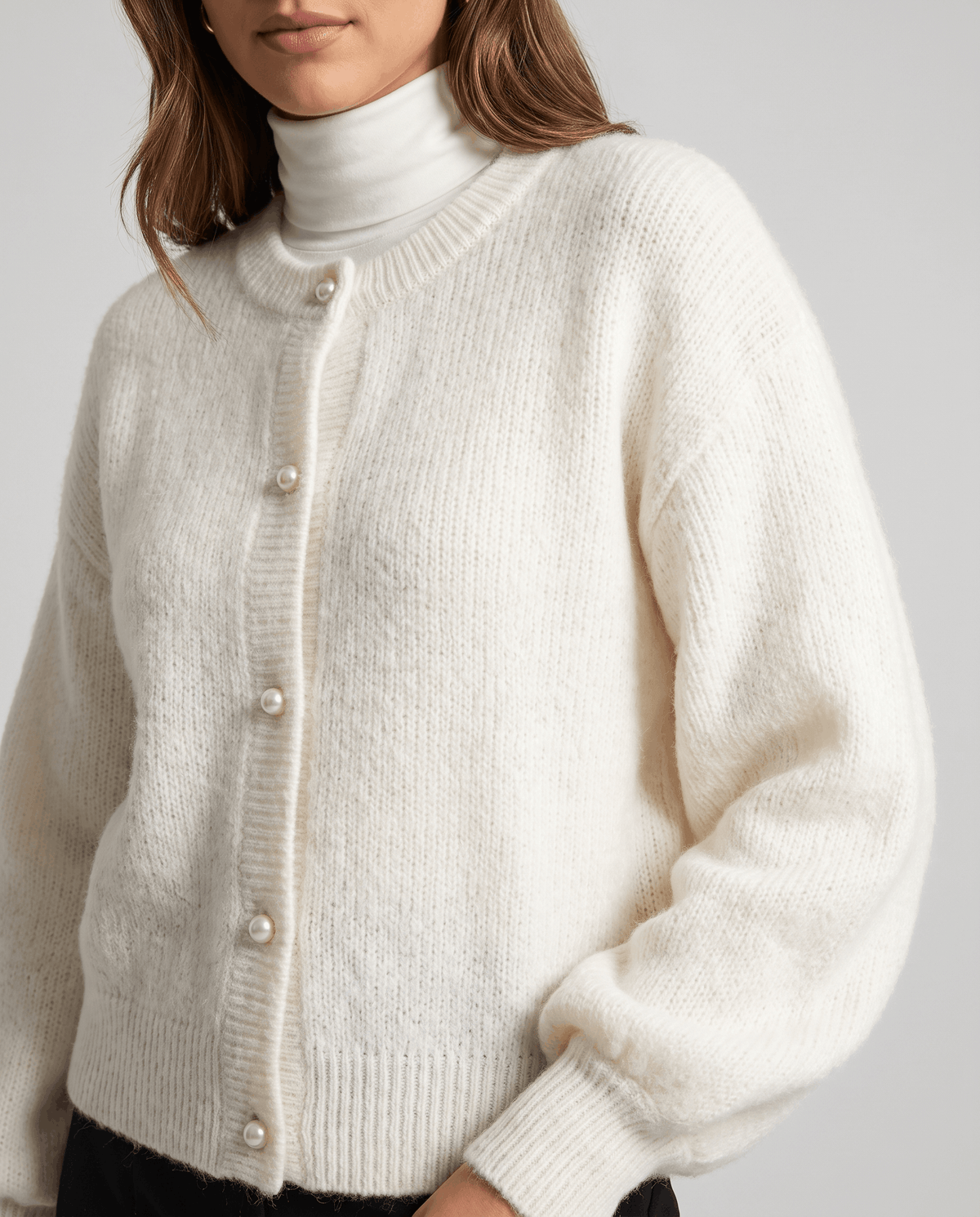 Pearl Button Cardigan Sweater – Crew Neck, Balloon Sleeve & Fuzzy Knit | Oriane