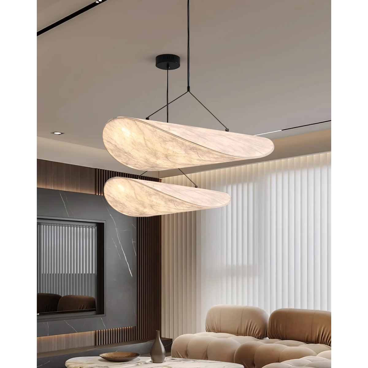 Pendant Light with Sculptural Ribbon Shade and Textured Diffuser for Bathroom Fixtures
