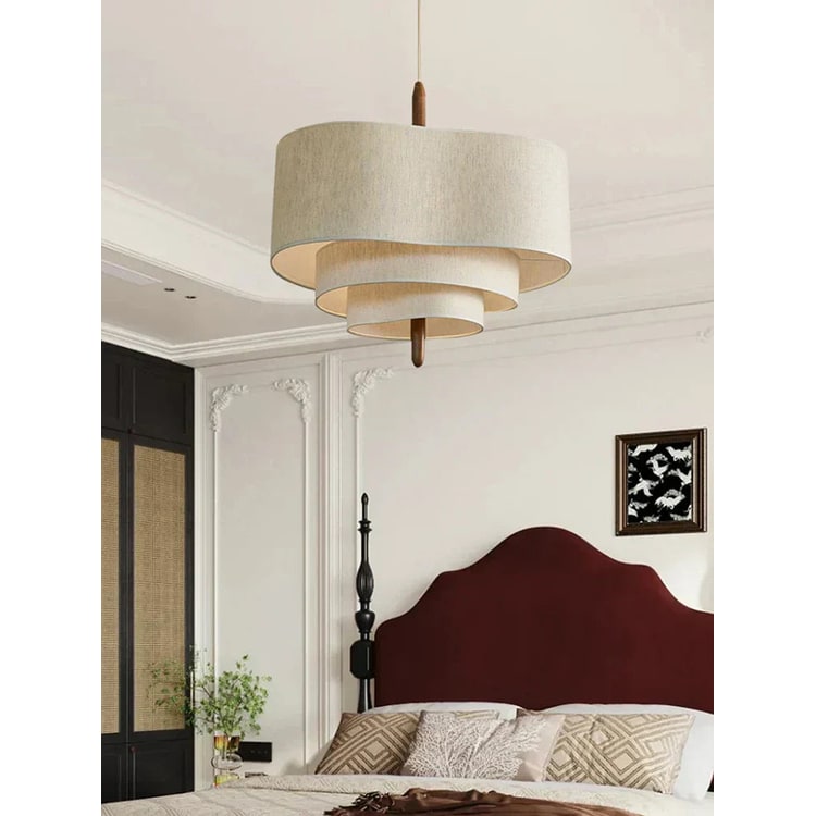 Pendant Light with Tiered Fabric Shades and Wooden Rod for Living Room