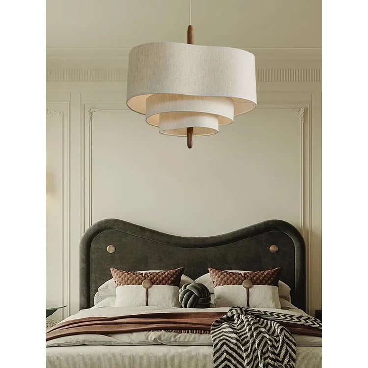 Pendant Light with Tiered Fabric Shades and Wooden Rod for Living Room