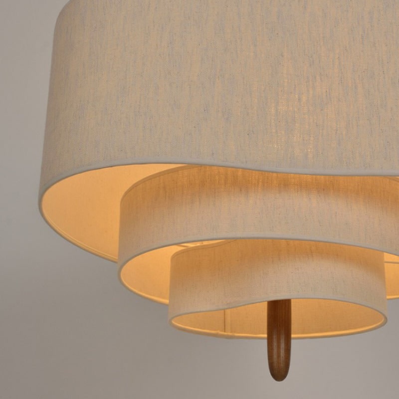 Pendant Light with Tiered Fabric Shades and Wooden Rod for Living Room
