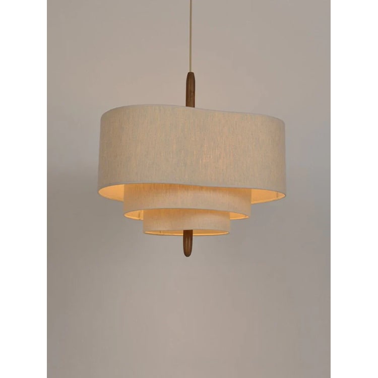 Pendant Light with Tiered Fabric Shades and Wooden Rod for Living Room