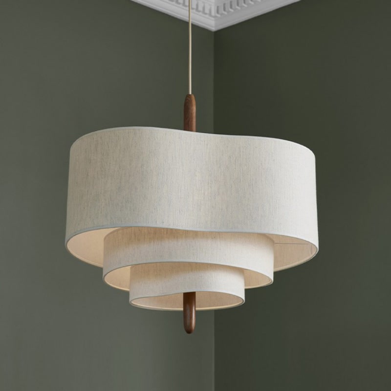 Pendant Light with Tiered Fabric Shades and Wooden Rod for Living Room