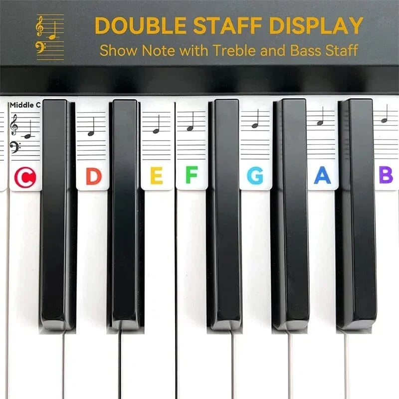 Piano Key Labels | Removable Silicone & Double-Staff Notation | Fits 88-Key Pianos
