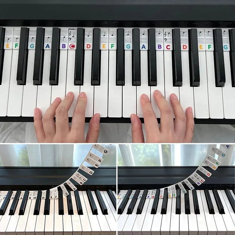 Piano Key Labels | Removable Silicone & Double-Staff Notation | Fits 88-Key Pianos