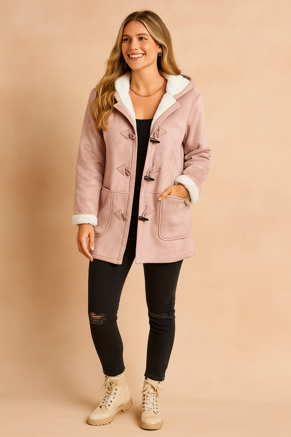 Women's Cosy Hooded Winter Duffle Jacket with Soft Fleece Lining and Toggle Button Fastening – Relaxed Fit Mid-Length Warm Casual Outerwear with Front Pockets for Autumn and Winter Everyday Wear