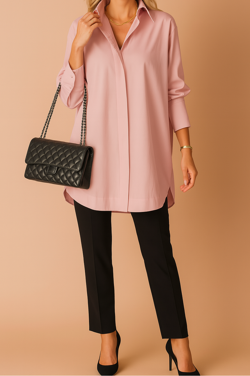 Women's Oversized Longline Shirt – Relaxed Button-Up Tunic with Classic Collar for Office and Smart Casual Wear