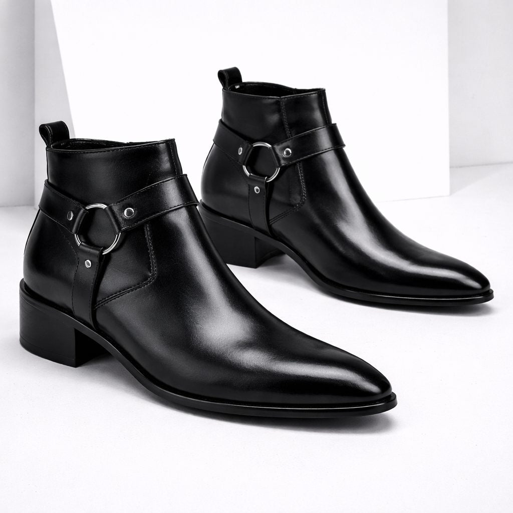 Piotr | Men's Leather Harness Ankle Boots with Block Heel