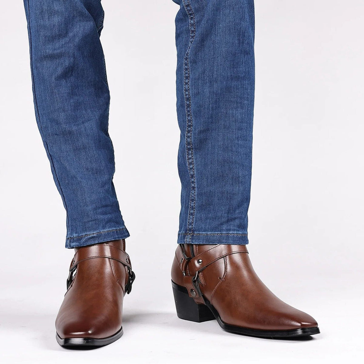 Piotr | Men's Leather Harness Ankle Boots with Block Heel