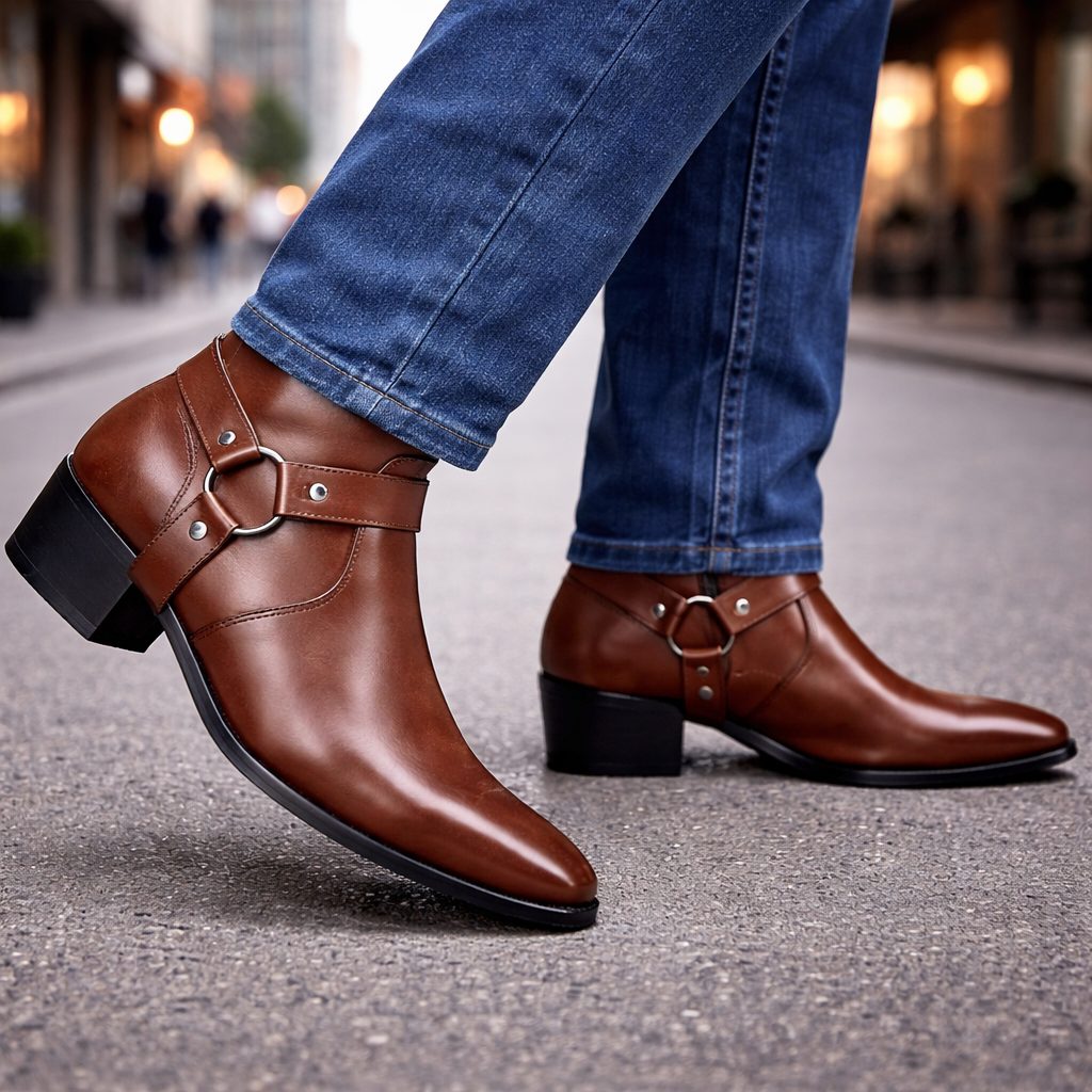 Piotr | Men's Leather Harness Ankle Boots with Block Heel
