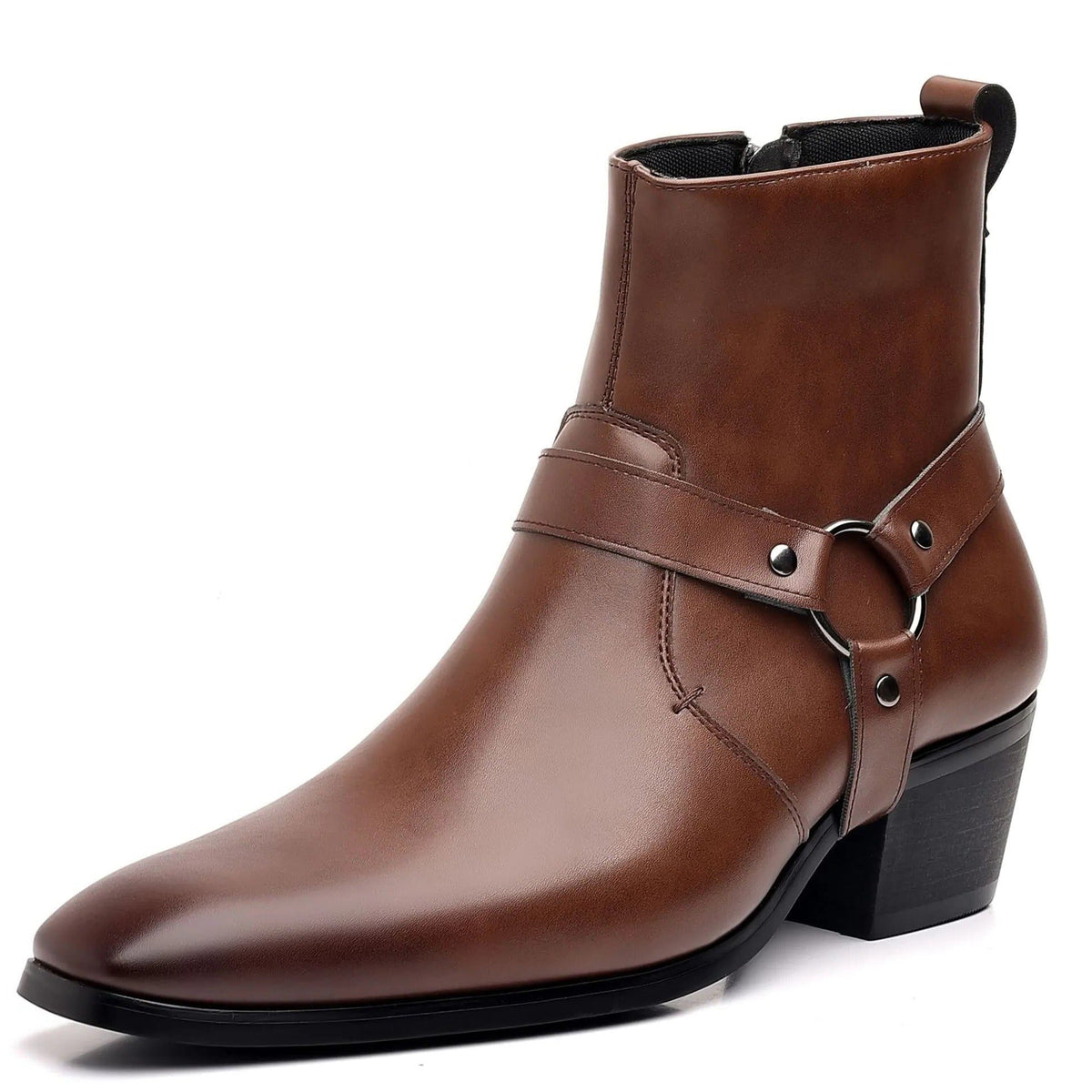 Piotr | Men's Leather Harness Ankle Boots with Block Heel