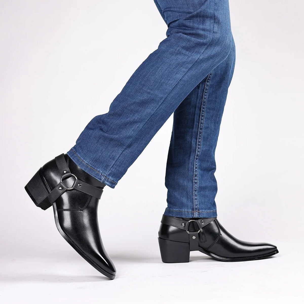 Piotr | Men's Leather Harness Ankle Boots with Block Heel