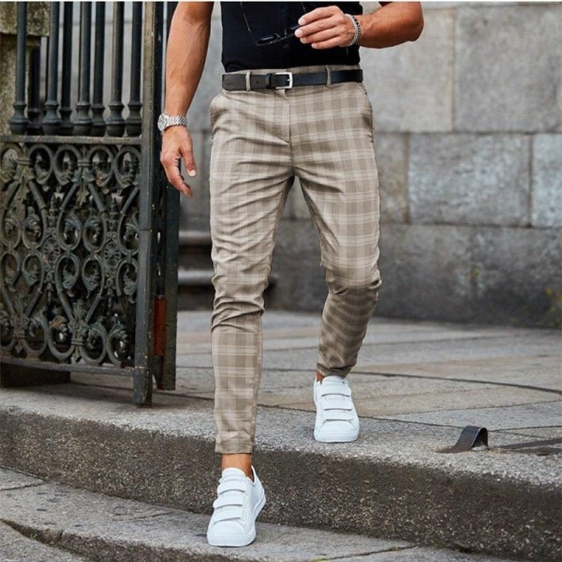 Plaid Slim Fit Chino Trousers for Men
