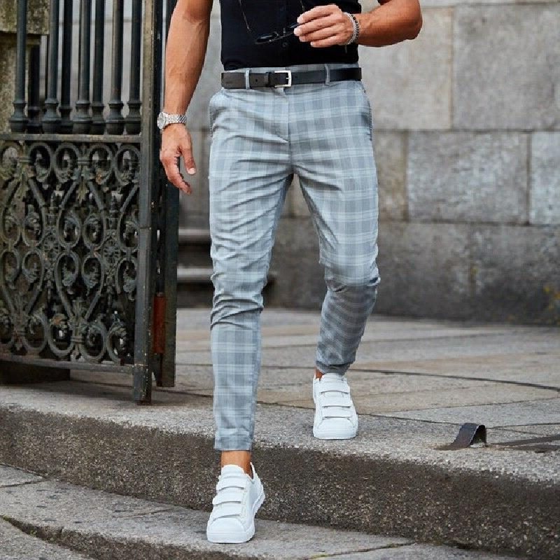 Plaid Slim Fit Chino Trousers for Men