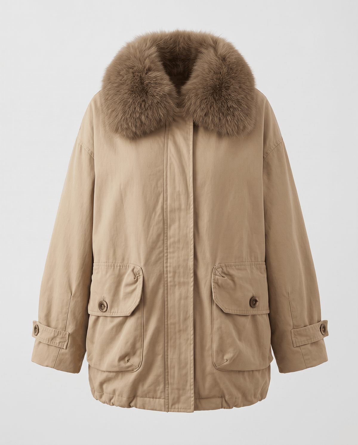Plush-Collar Cotton Parka – Cargo Pockets, Drawstring Waist & Padded Lining | Livia