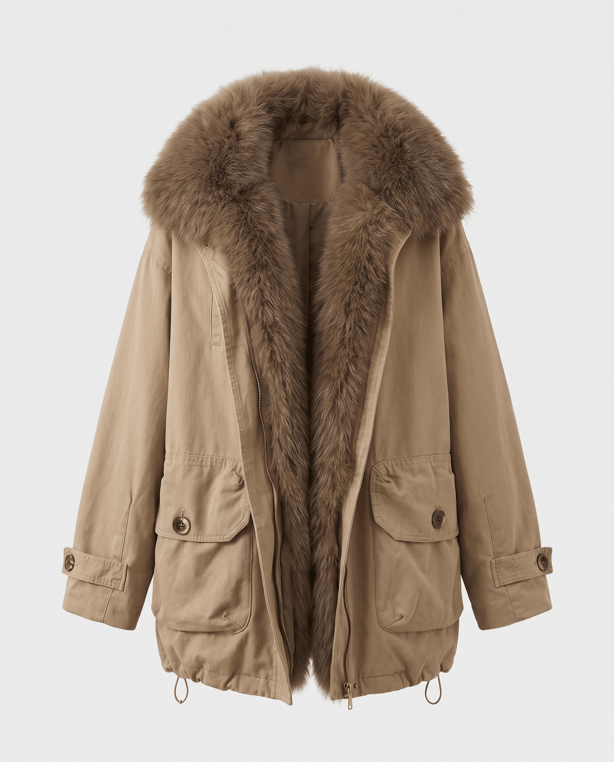 Plush-Collar Cotton Parka – Cargo Pockets, Drawstring Waist & Padded Lining | Livia