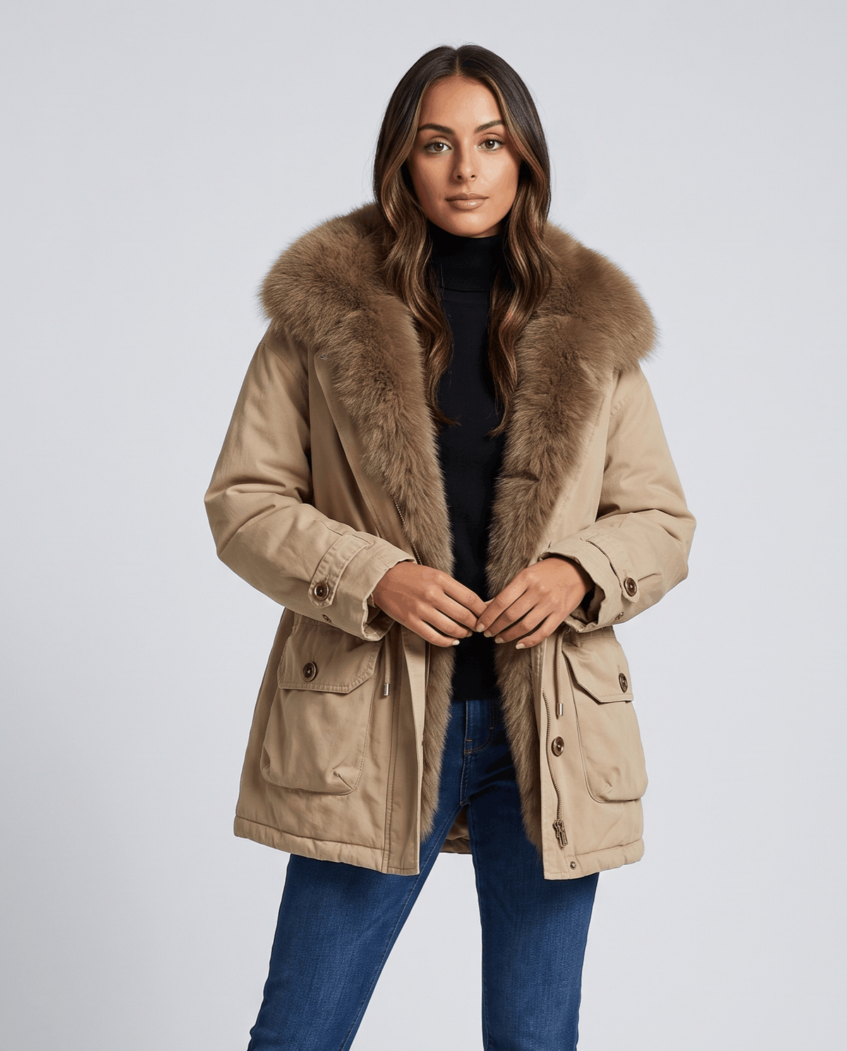 Plush-Collar Cotton Parka – Cargo Pockets, Drawstring Waist & Padded Lining | Livia