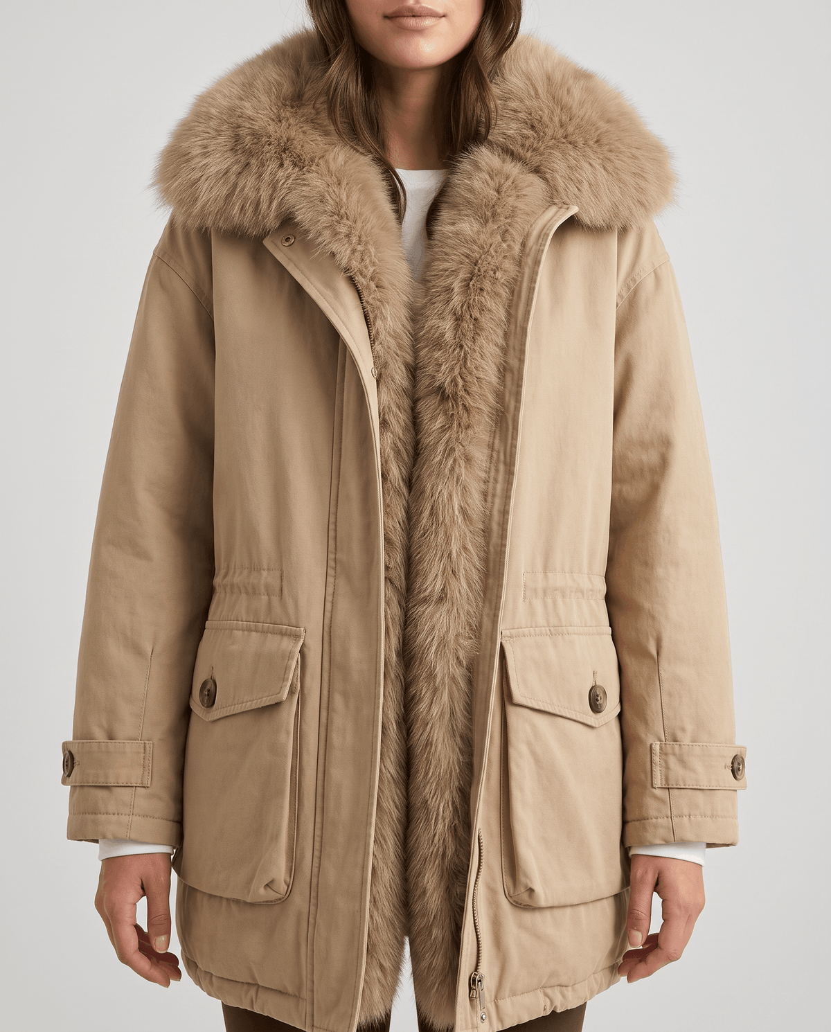 Plush-Collar Cotton Parka – Cargo Pockets, Drawstring Waist & Padded Lining | Livia