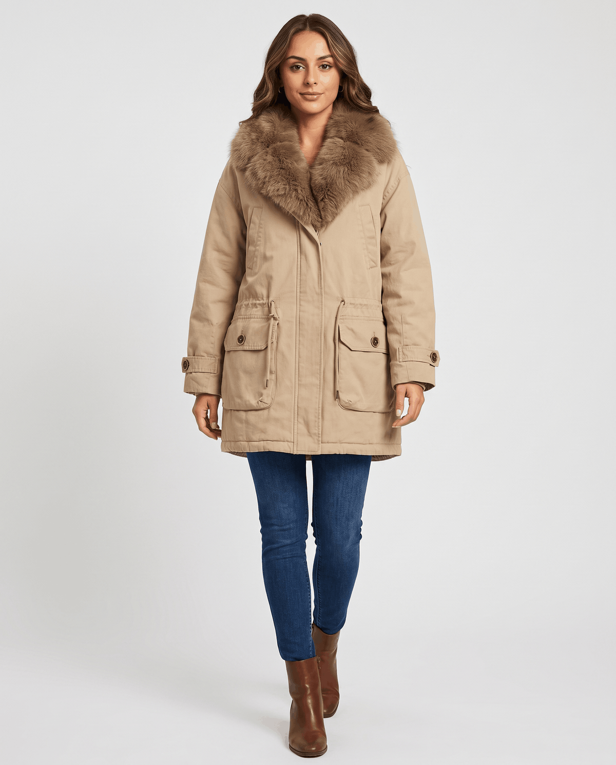 Plush-Collar Cotton Parka – Cargo Pockets, Drawstring Waist & Padded Lining | Livia
