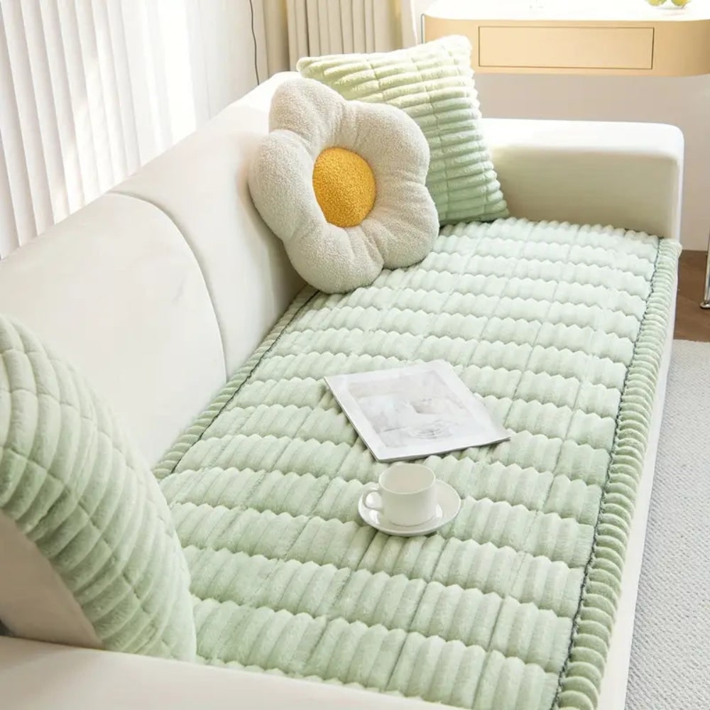 Plush Sofa Couch Cover with Pleated Edges and Non-Slip Backing
