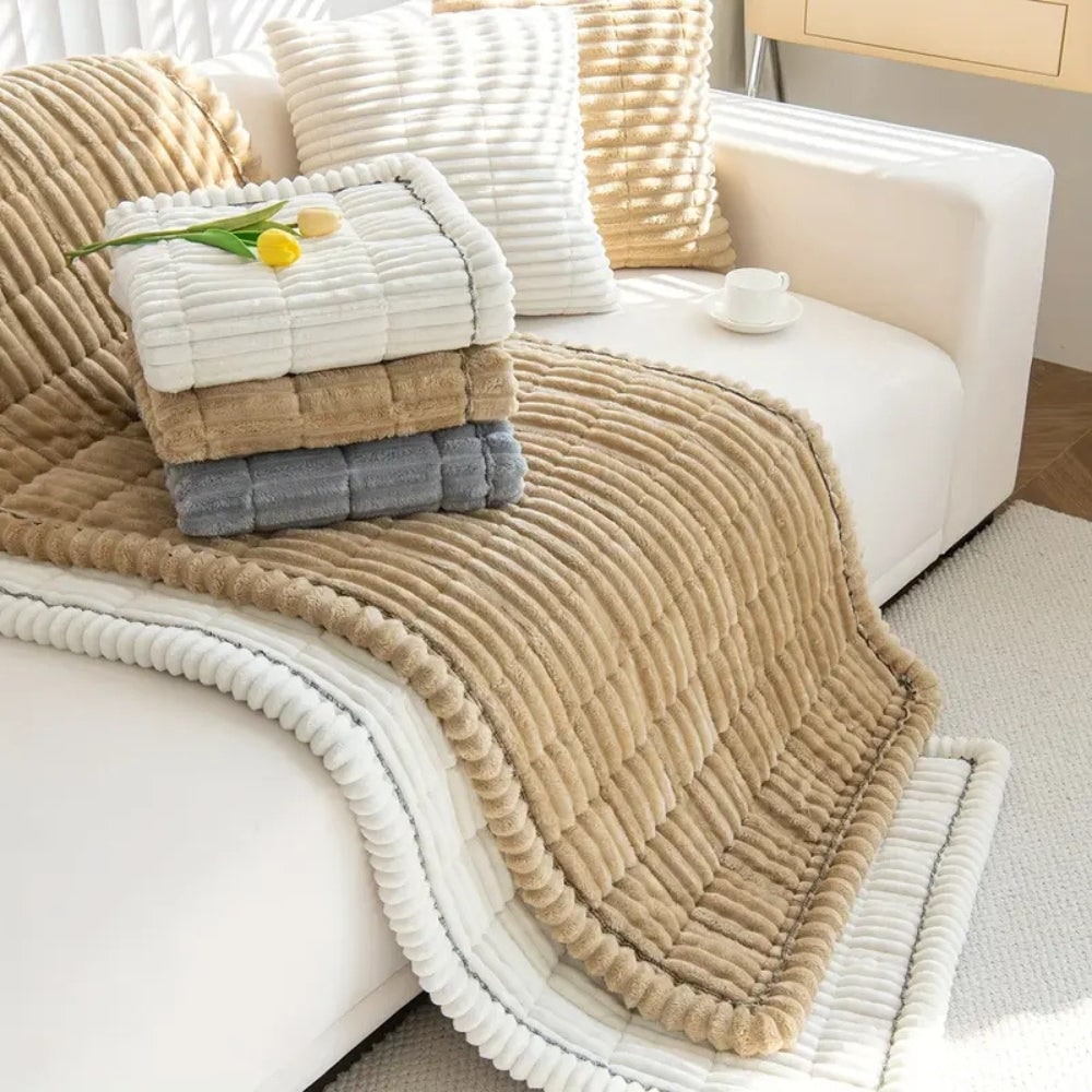 Plush Sofa Couch Cover with Pleated Edges and Non-Slip Backing