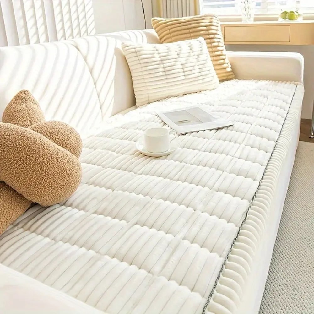 Plush Sofa Couch Cover with Pleated Edges and Non-Slip Backing