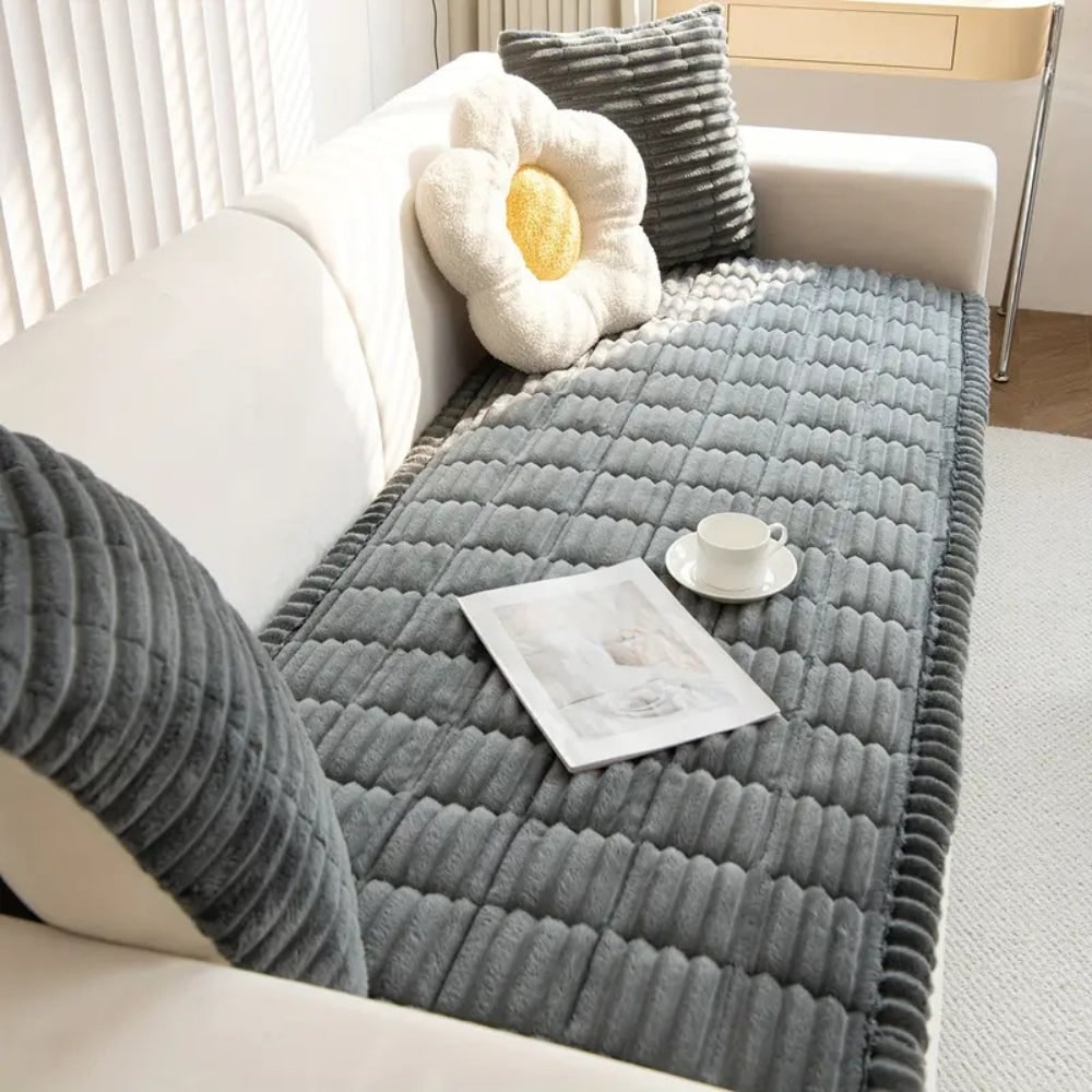 Plush Sofa Couch Cover with Pleated Edges and Non-Slip Backing