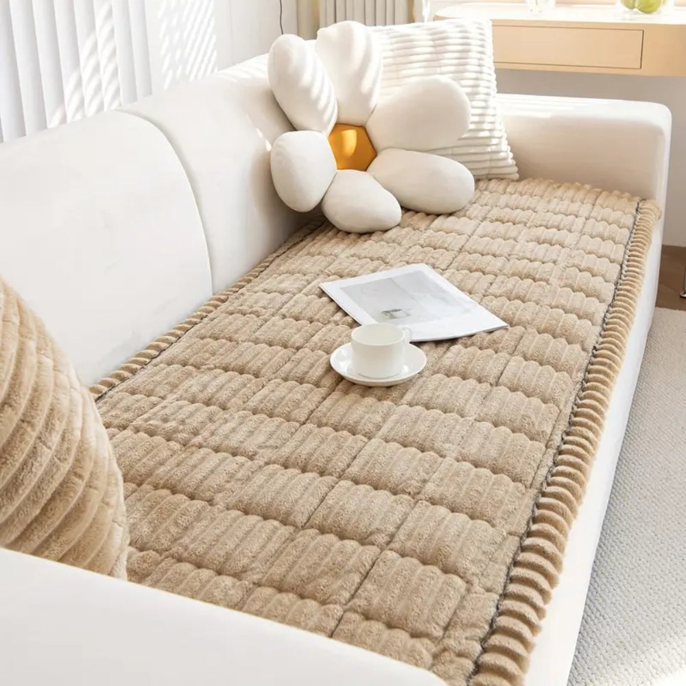 Plush Sofa Couch Cover with Pleated Edges and Non-Slip Backing