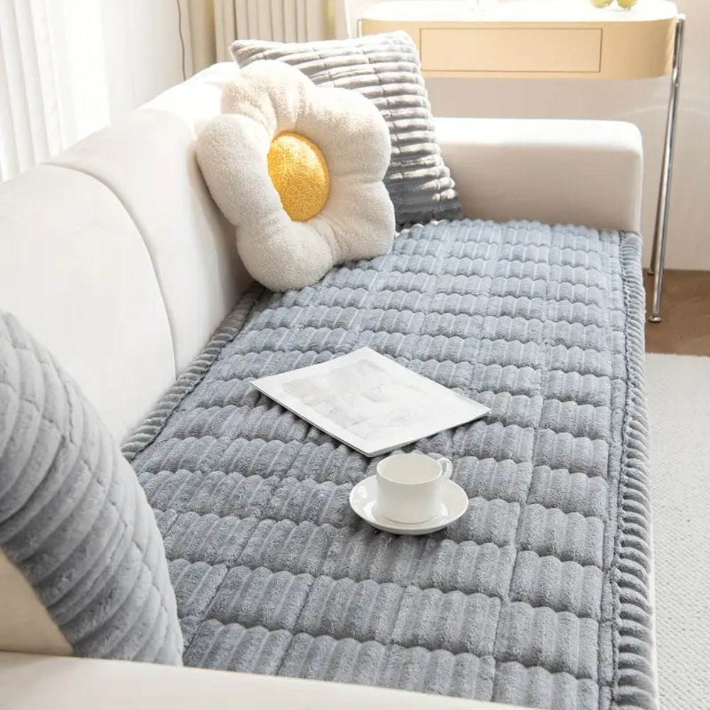 Plush Sofa Couch Cover with Pleated Edges and Non-Slip Backing