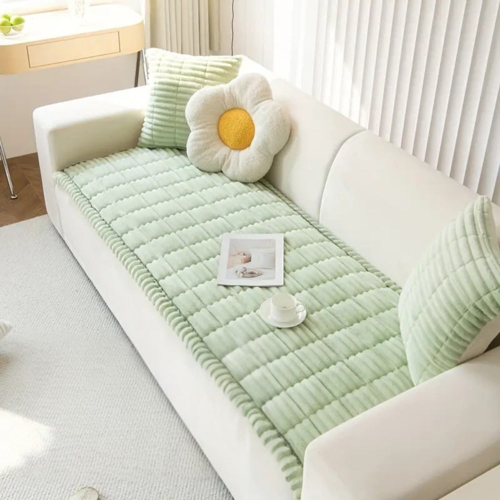 Plush Sofa Couch Cover with Pleated Edges and Non-Slip Backing