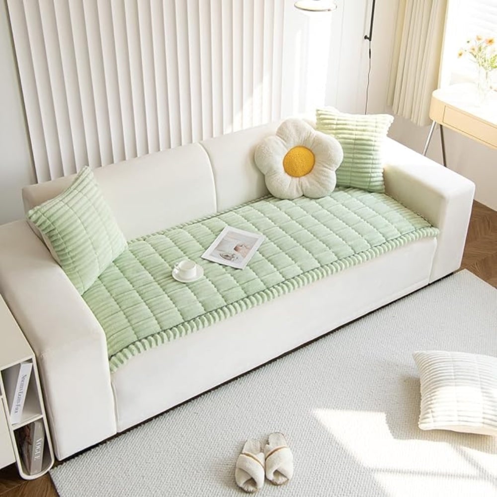 Plush Sofa Couch Cover with Pleated Edges and Non-Slip Backing