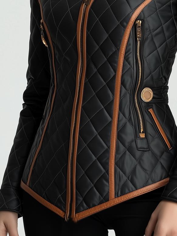 Women's Elegant Fitted Quilted Jacket with High Stand Collar and Diamond Stitching – Tailored Waist Zip-Up Casual Outerwear with Decorative Trim and Zipped Pockets for Smart Casual Autumn and Spring Wear