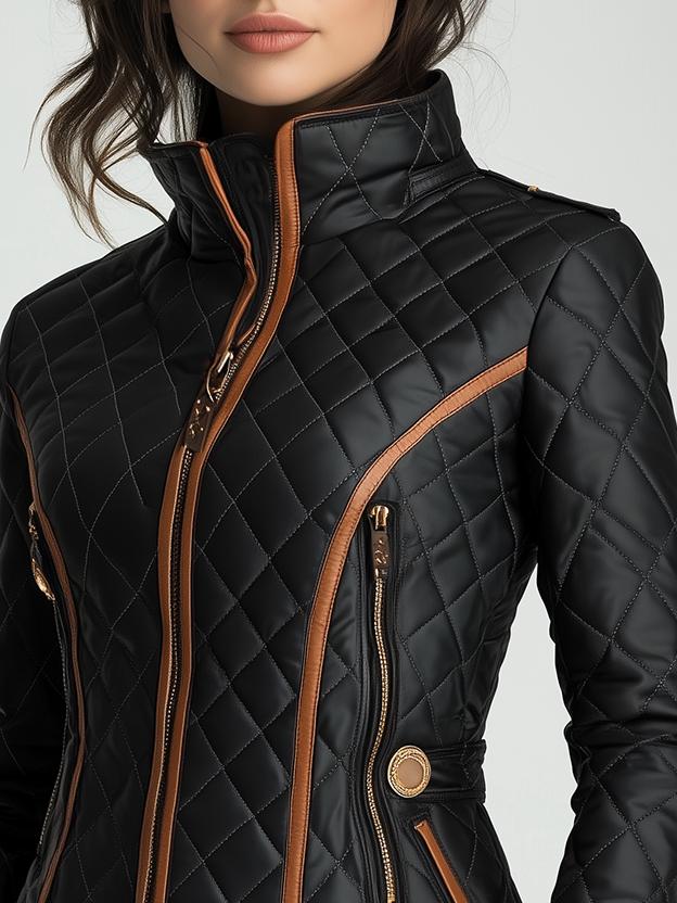 Women's Elegant Fitted Quilted Jacket with High Stand Collar and Diamond Stitching – Tailored Waist Zip-Up Casual Outerwear with Decorative Trim and Zipped Pockets for Smart Casual Autumn and Spring Wear