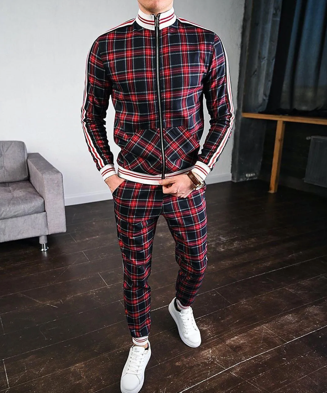 Julian | Men's Plaid Tracksuit Side Stripe Set